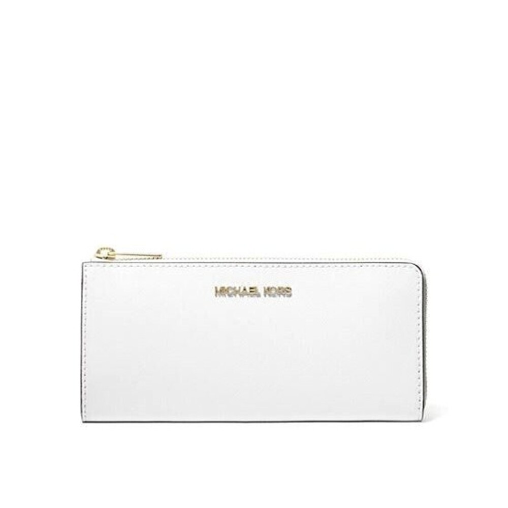 New Michael Kors Jet Set Travel Large Leather Quarter-Zip Wallet Optic White